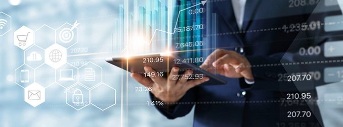 Businessman using tablet analyzing sales data and economic growth graph chart. Business strategy. Abstract icon. Digital marketing.